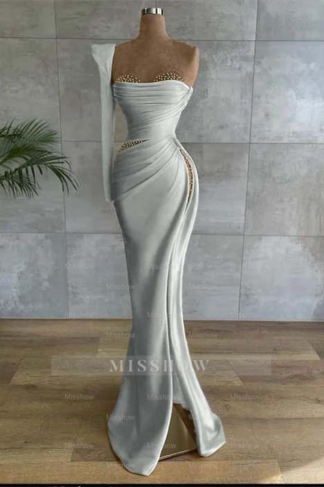 One Shoulder Long Sleeve Long High Split Formal Dress With Beading