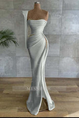 One Shoulder Long Sleeve Long High Split Formal Dress With Beading