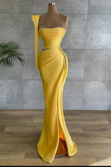 One Shoulder Long Sleeve Long High Split Formal Dress With Beading