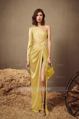 One Shoulder Long Sleeve Long High Split Formal Dress With Pleated