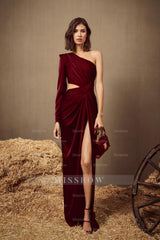 One Shoulder Long Sleeve Long High Split Formal Dress With Pleated