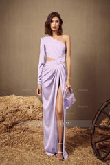 One Shoulder Long Sleeve Long High Split Formal Dress With Pleated