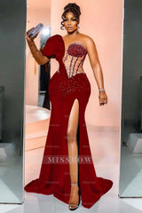 One Shoulder Long Sleeve Long Mermaid Formal Dress With Beading