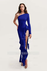 One Shoulder Long Sleeves High Split Long Formal Dress With Ruffles