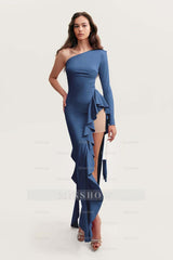One Shoulder Long Sleeves High Split Long Formal Dress With Ruffles