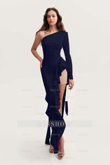 One Shoulder Long Sleeves High Split Long Formal Dress With Ruffles