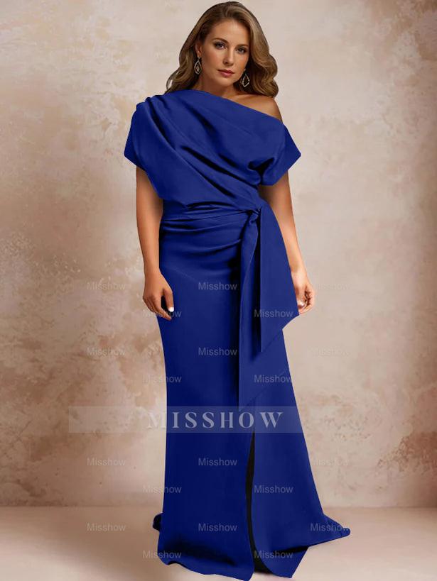 One-Shoulder Mermaid Trumpet Gown with Ruffles and Side Split for Plus-Size Mothers of the Bride