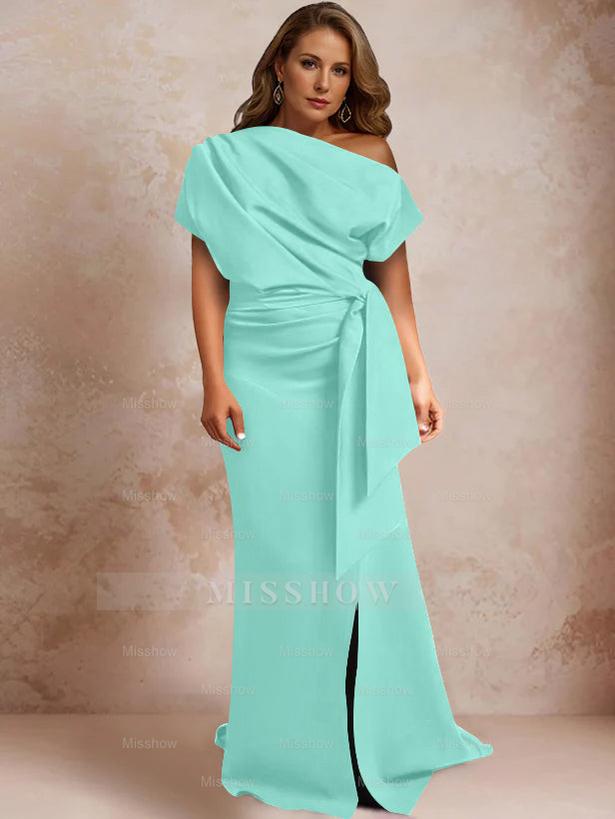 One-Shoulder Mermaid Trumpet Gown with Ruffles and Side Split for Plus-Size Mothers of the Bride