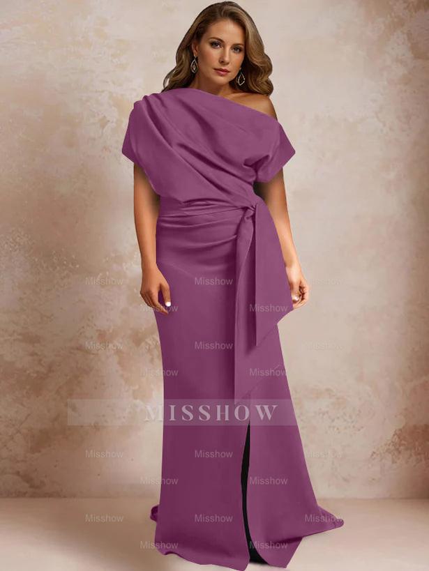 One-Shoulder Mermaid Trumpet Gown with Ruffles and Side Split for Plus-Size Mothers of the Bride
