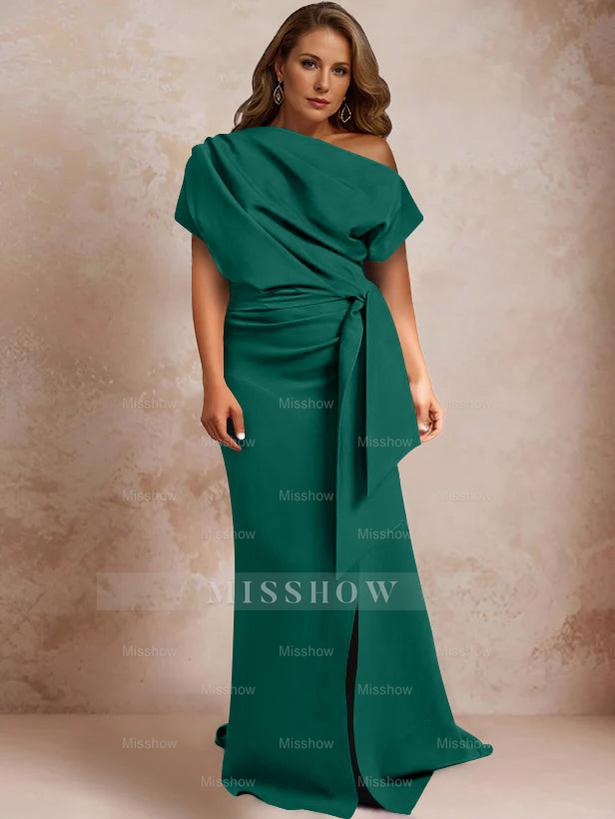 One-Shoulder Mermaid Trumpet Gown with Ruffles and Side Split for Plus-Size Mothers of the Bride