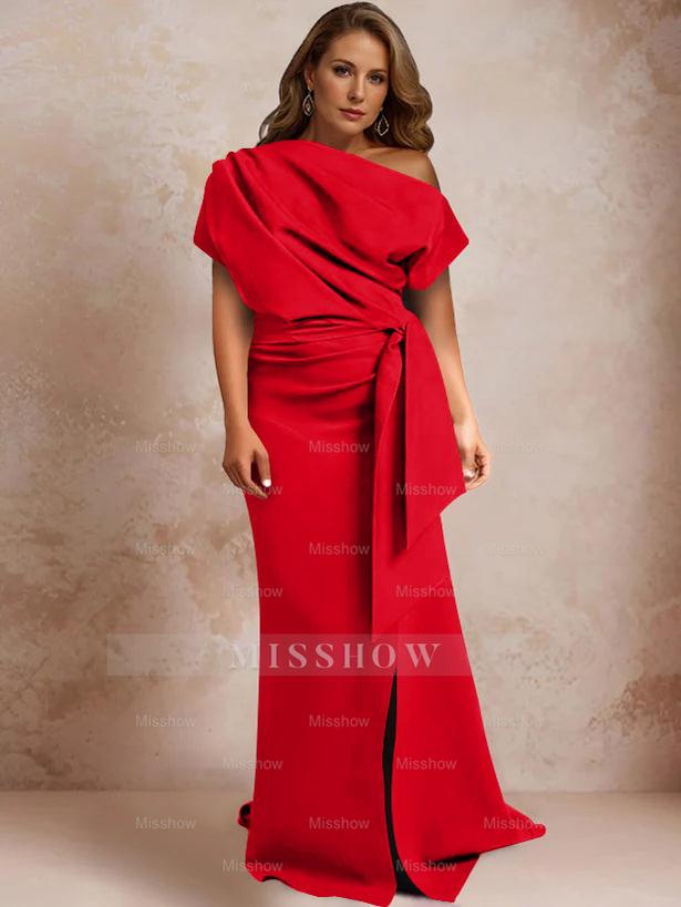 One-Shoulder Mermaid Trumpet Gown with Ruffles and Side Split for Plus-Size Mothers of the Bride