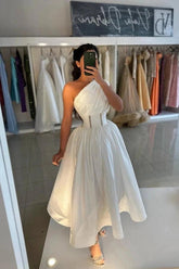 One Shoulder Pleated Satin Ruched Corset Beaded Belt A-Line Tea Length Party Dress