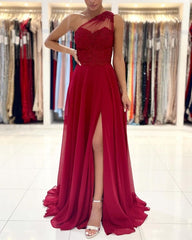 One Shoulder Red Prom Evening Dresses Floor Length Sleeveless Maxi Dress with Front Slit