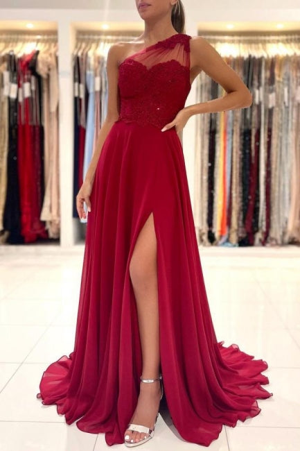 One Shoulder Red Prom Evening Dresses Floor Length Sleeveless Maxi Dress with Front Slit