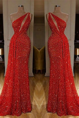 One Shoulder Red Sexy Sequins Long Prom Evening Dresses