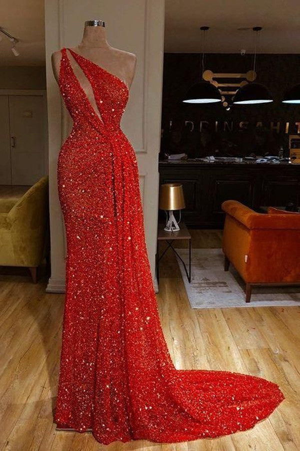 One Shoulder Red Sexy Sequins Long Prom Evening Dresses