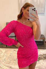 One Shoulder Single Long Sleeve All-Over Baroque Scrollwork Sequined Lace Open Back Bodycon Homecoming Dress Mini