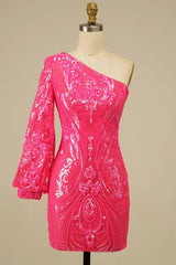 One Shoulder Single Long Sleeve All-Over Baroque Scrollwork Sequined Lace Open Back Bodycon Homecoming Dress Mini