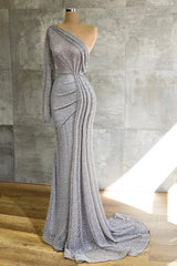 One-Shoulder Single Long Sleeve All-Over Silver Sequin Fabric Multi-Line Vertical Cascade Ruched Mermaid Evening Dress Sweep Train
