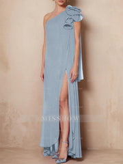 One-Shoulder Sleeveless A-Line Floor-Length Mother of the Bride Dress with Side Split