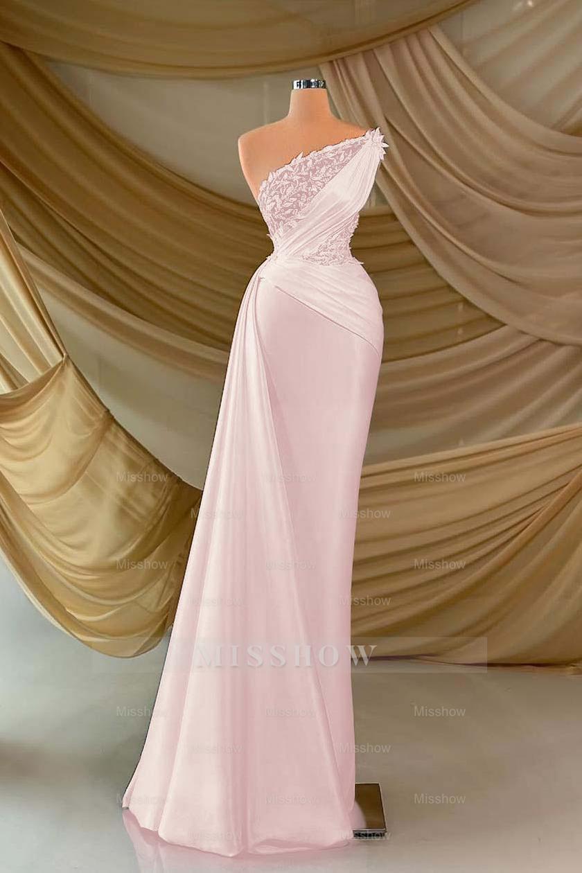 One Shoulder Sleeveless Long Formal Dress With Appliques Ruffles