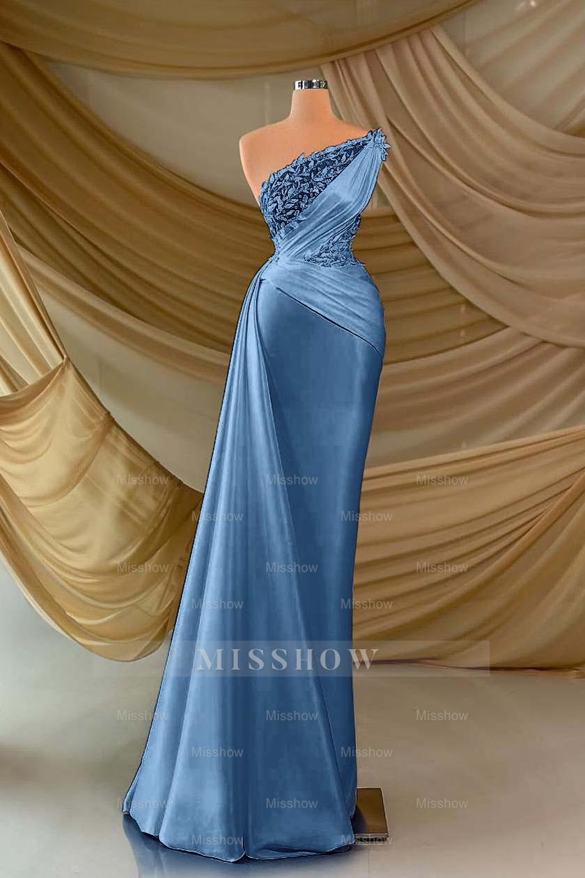 One Shoulder Sleeveless Long Formal Dress With Appliques Ruffles