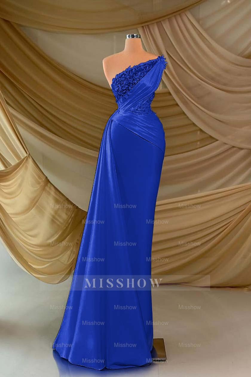 One Shoulder Sleeveless Long Formal Dress With Appliques Ruffles