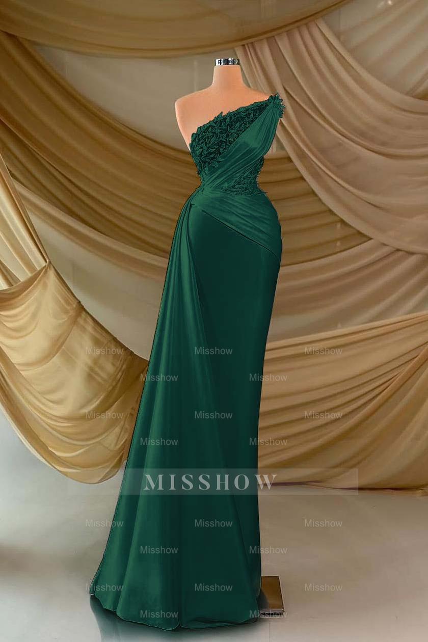 One Shoulder Sleeveless Long Formal Dress With Appliques Ruffles