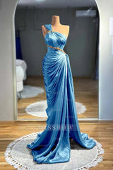 One Shoulder Sleeveless Long Mermaid Formal Dress With Pleated