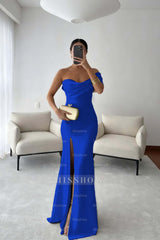 One Shoulder Sleeveless Long Mermaid Formal Dress With Split Pleated