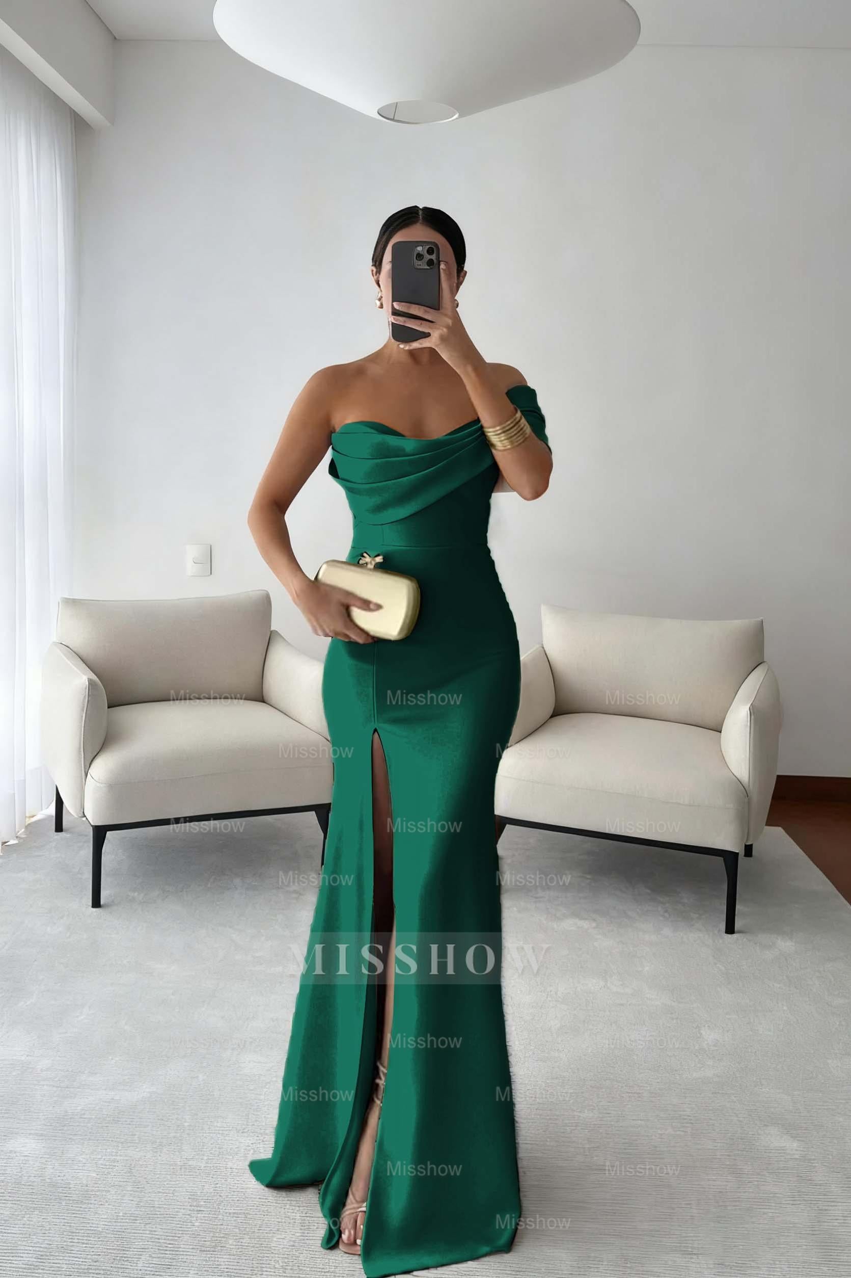 One Shoulder Sleeveless Long Mermaid Formal Dress With Split Pleated