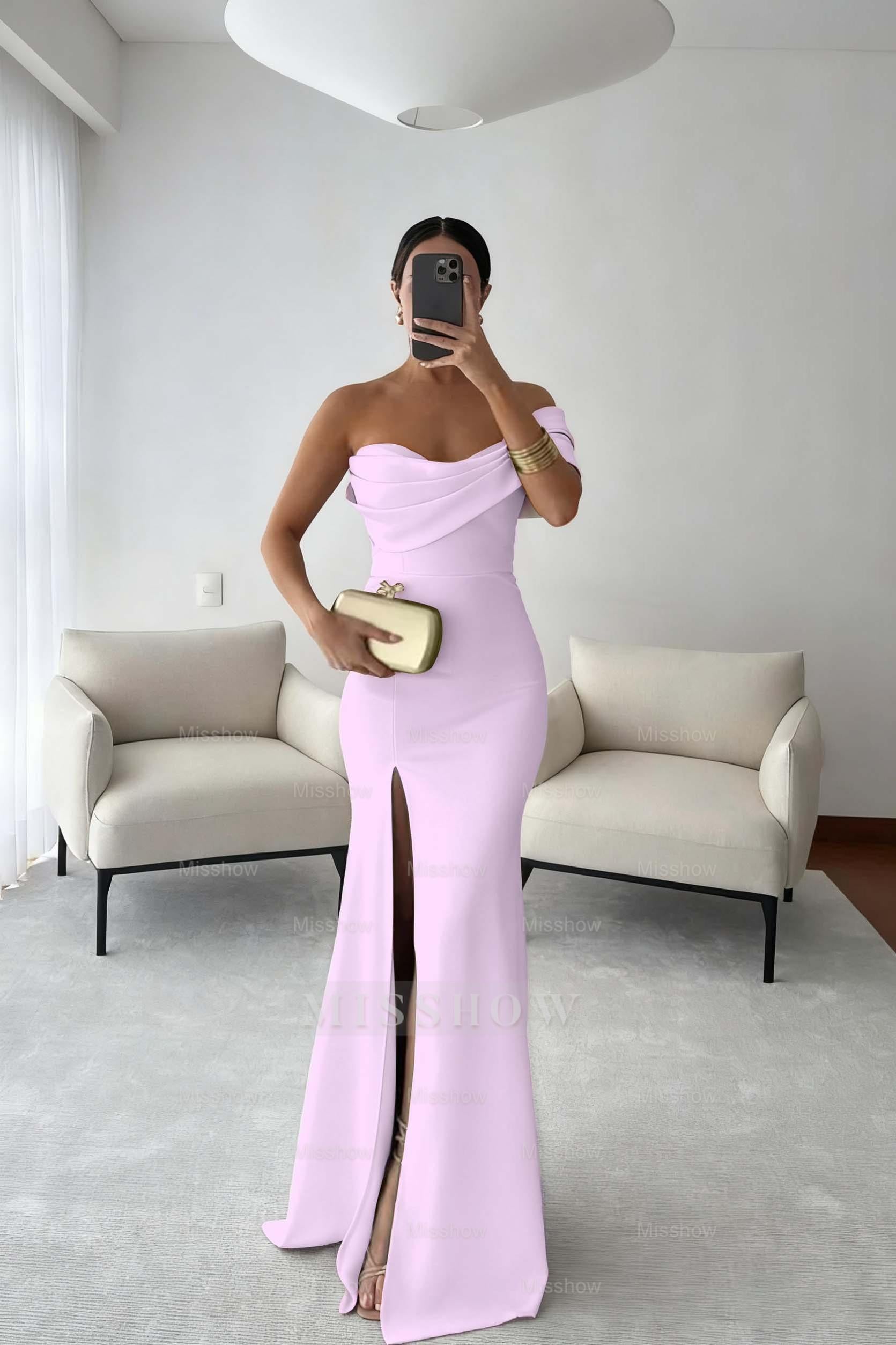 One Shoulder Sleeveless Long Mermaid Formal Dress With Split Pleated