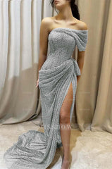 One Shoulder Sleeveless Long Mermaid Formal Dress With Split Pleated