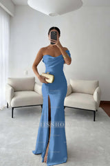 One Shoulder Sleeveless Long Mermaid Formal Dress With Split Pleated