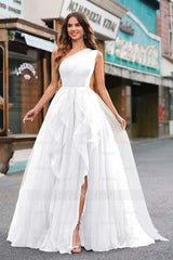 One Shoulder Sleeveless Long Split Formal Dress With Sequins Tulle