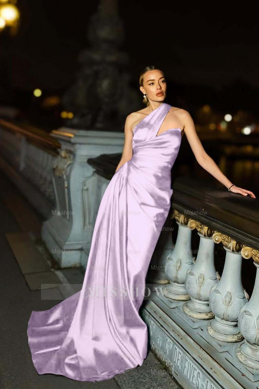One Shoulder Sleeveless Mermaid Long Formal Dress With Ruffles Pleated