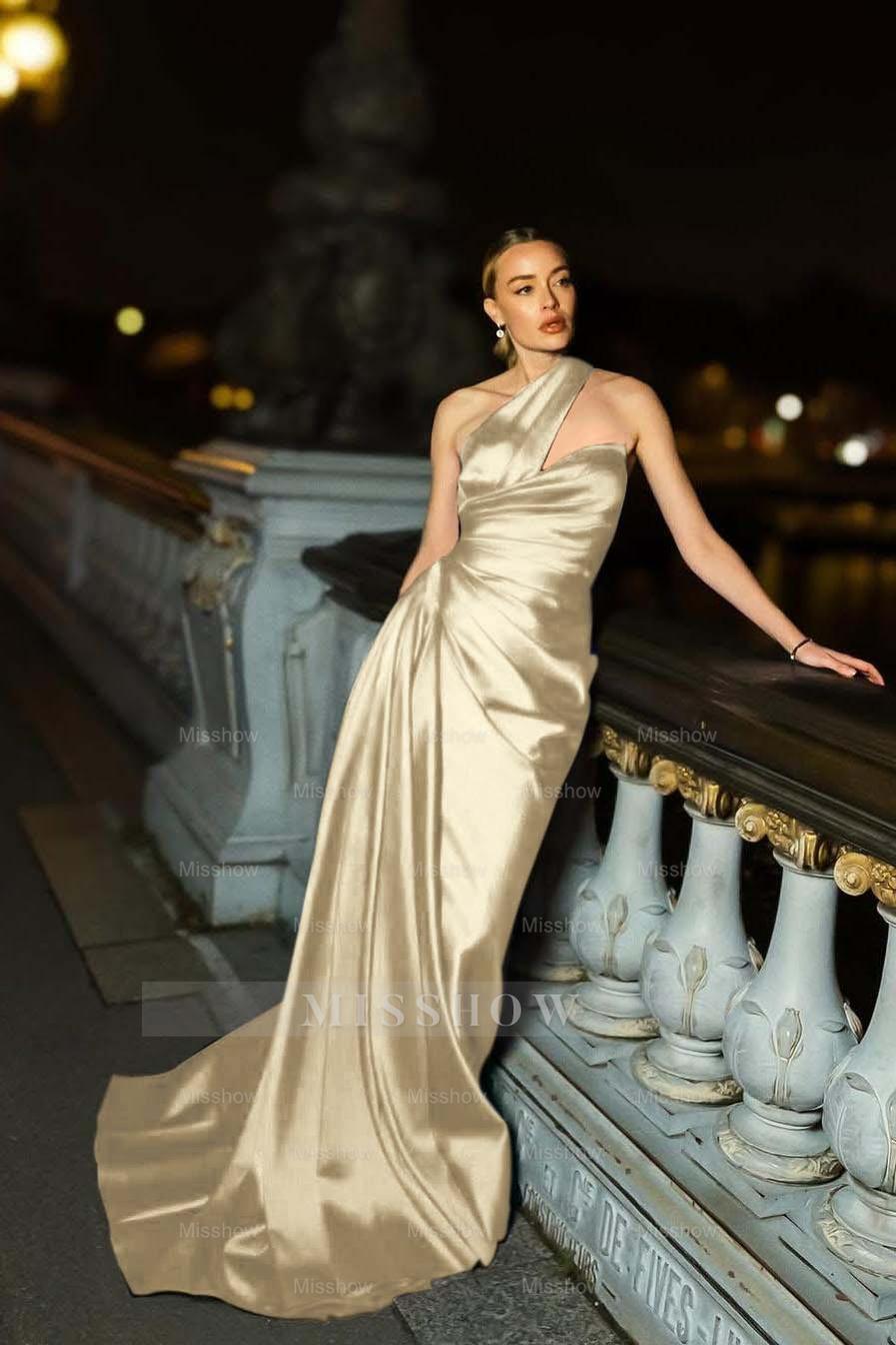 One Shoulder Sleeveless Mermaid Long Formal Dress With Ruffles Pleated