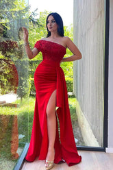 One Shoulder Sleeveless Mermaid Split Long Formal Dress With Pleated