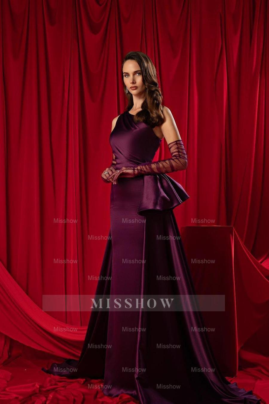 One Shoulder Sleeveless Pleated Long Formal Dress With Long Gloves