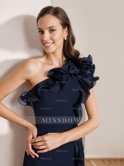 One-Shoulder Sleeveless Ruffled Evening Gown in Floor-Length Sheath/Column Style