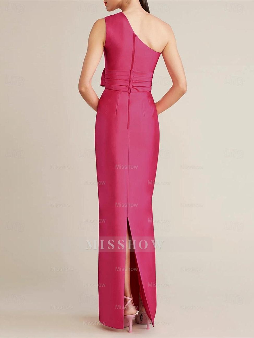 One-Shoulder Sleeveless Satin Wedding Guest Dress with Bow(s) and Pocket