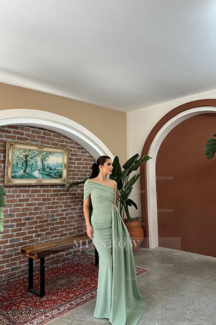 One Shoulder Sleeveless Strapless Pleated Mermaid Long Formal Dress With Ruffles