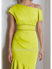 One-Shoulder Strappy Charmeuse Tea-Length Dress for the Mother of the Bride