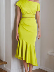 One-Shoulder Strappy Charmeuse Tea-Length Dress for the Mother of the Bride