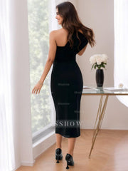 One-shoulder Tea-Length Mother of the Bride Sheath Dress With Side Split & Bow(s)