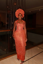 Orange Copper Halter Neck Sweetheart Mermaid Evening Dress Gold Crystal Art Deco Geometric Beaded Boned Corset Column Gown