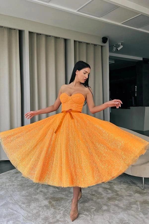 Orange Glitter Lace Strapless Corset Cocktail Dress Sweetheart Satin Bow Belt A-Line Tea Length Party Gown