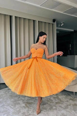 Orange Glitter Lace Strapless Corset Cocktail Dress Sweetheart Satin Bow Belt A-Line Tea Length Party Gown