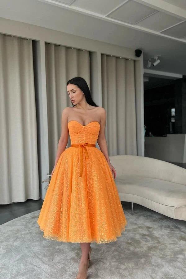 Orange Glitter Lace Strapless Corset Cocktail Dress Sweetheart Satin Bow Belt A-Line Tea Length Party Gown