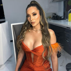 Orange Off Shoulder Mermaid Evening Dress Sweetheart Feather Trim Cutout Ruched High Slit Formal Gown
